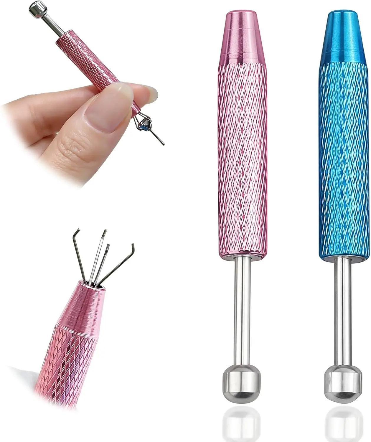 2 PCS Piercing Ball Grabber Tool Set,4 Claw Diamond Tweezers for Easy Jewelry Changing,Piercing Removal Tool,Stainless Steel Gem Pickup Tool for Septum, Earrings,Small Parts (bule、pink)