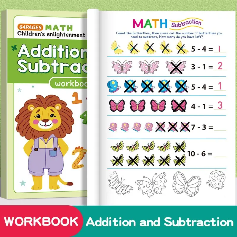 Math Workbook for Kids Ages 3-6, Addition & Subtraction Practice, Practical Exercises, Fun Butterfly Counting, 64 Pages, Preschool Kindergarten Math Book, Learning Materials