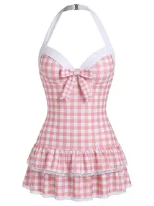 RETRO STAGE Women's 1940s Vintage Pink Gingham Halter 1-Piece Swimsuit, Polka Dots, Dainty Bow, Ruffled Hem, Backless, Comfortable Fit, Bathing Suit, One Piece Swimsuit