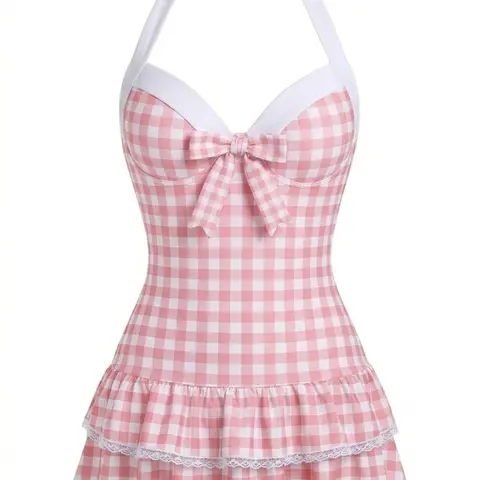 RETRO STAGE Women's 1940s Vintage Pink Gingham Fabric Halter 1-Piece Bathing Suit - Swimsuit for Women with Whimsical Polka Dot Bow, Ruffled Hem, Backless Cut, Multi-Size, Comfortable Fit for Summer Beach Vacation