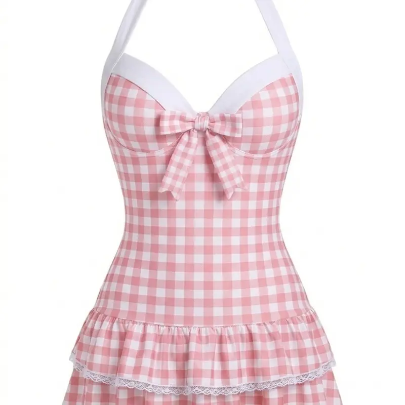RETRO STAGE Women's 1940s Vintage Pink Gingham Fabric Halter 1-Piece Bathing Suit - Swimsuit for Women with Whimsical Polka Dot Bow, Ruffled Hem, Backless Cut, Multi-Size, Comfortable Fit for Summer Beach Vacation