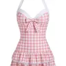 RETRO STAGE Women's 1940s Vintage Pink Gingham Fabric Halter 1-Piece Bathing Suit - Swimsuit for Women with Whimsical Polka Dot Bow, Ruffled Hem, Backless Cut, Multi-Size, Comfortable Fit for Summer Beach Vacation