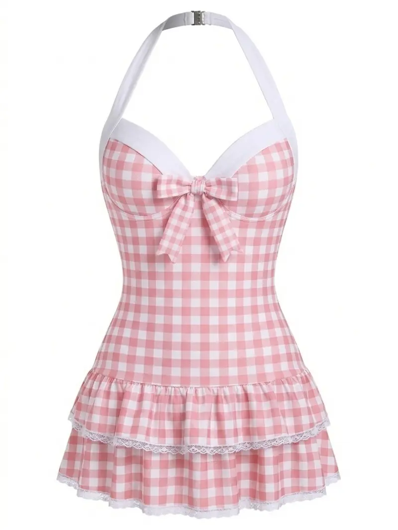 Pink Vintage Swim Dresses Vintage One Piece Swimdress Bathing Suits For Women Built-in Bottom-Neon Pink Vintage Swim Dresses Vintage One Piece Swimdress Bathing Suits For Women Built-in Bottom-Neon