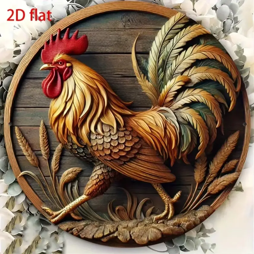 Vintage Aluminum Rooster Wall Art 8 Inch Round Home Decor with Exquisite Carving for Farmhouse Garden Kitchen Café Display