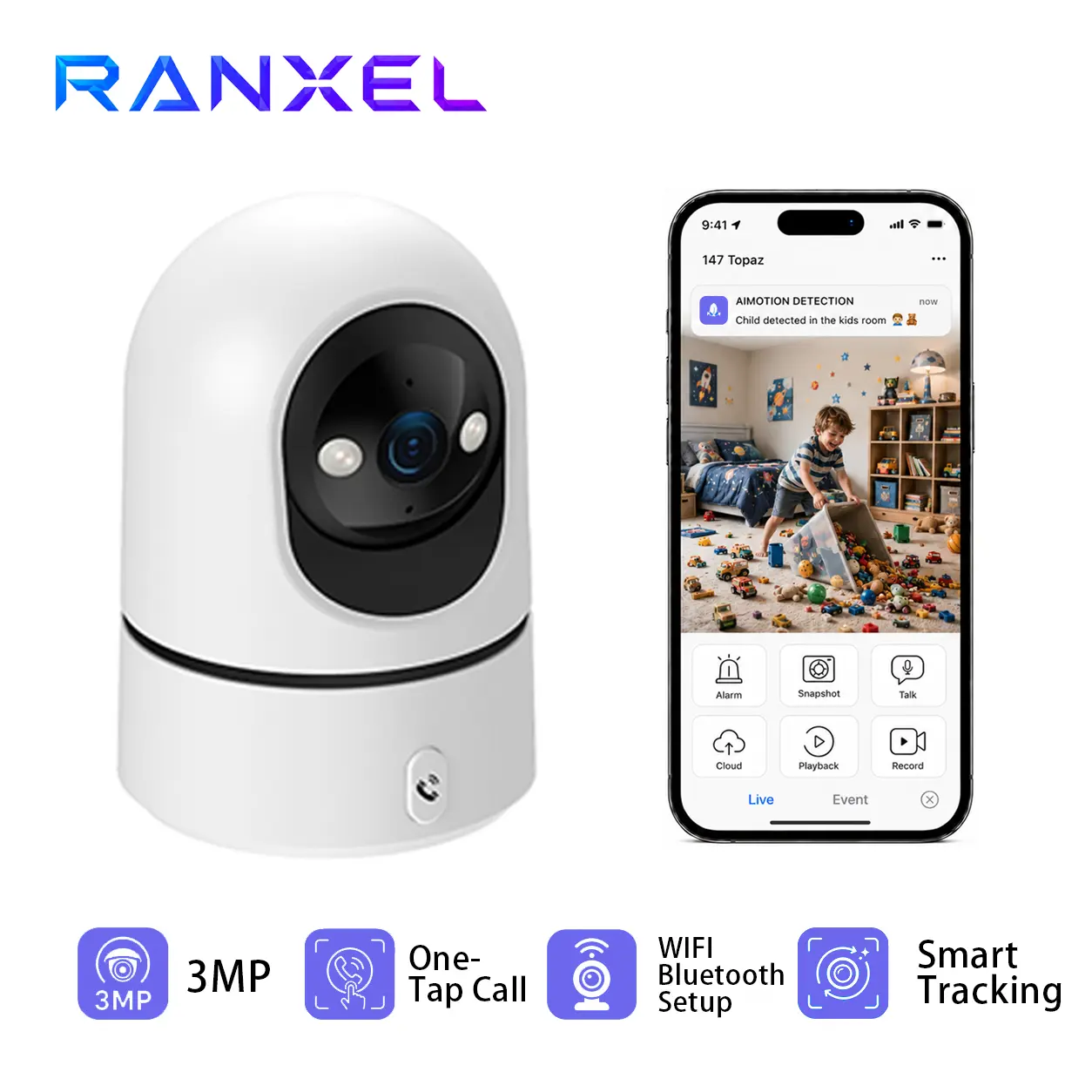 Ranxel 3MP WiFi Smart Home Security Camera - 1-Click Call, Full-Color Night Vision, 360° Pan-Tilt Control, Easy Installation, Multi-User Sharing, AI Detection, 911 Alert, Cloud/SD Storage, Monitoring for Elderly & Kids