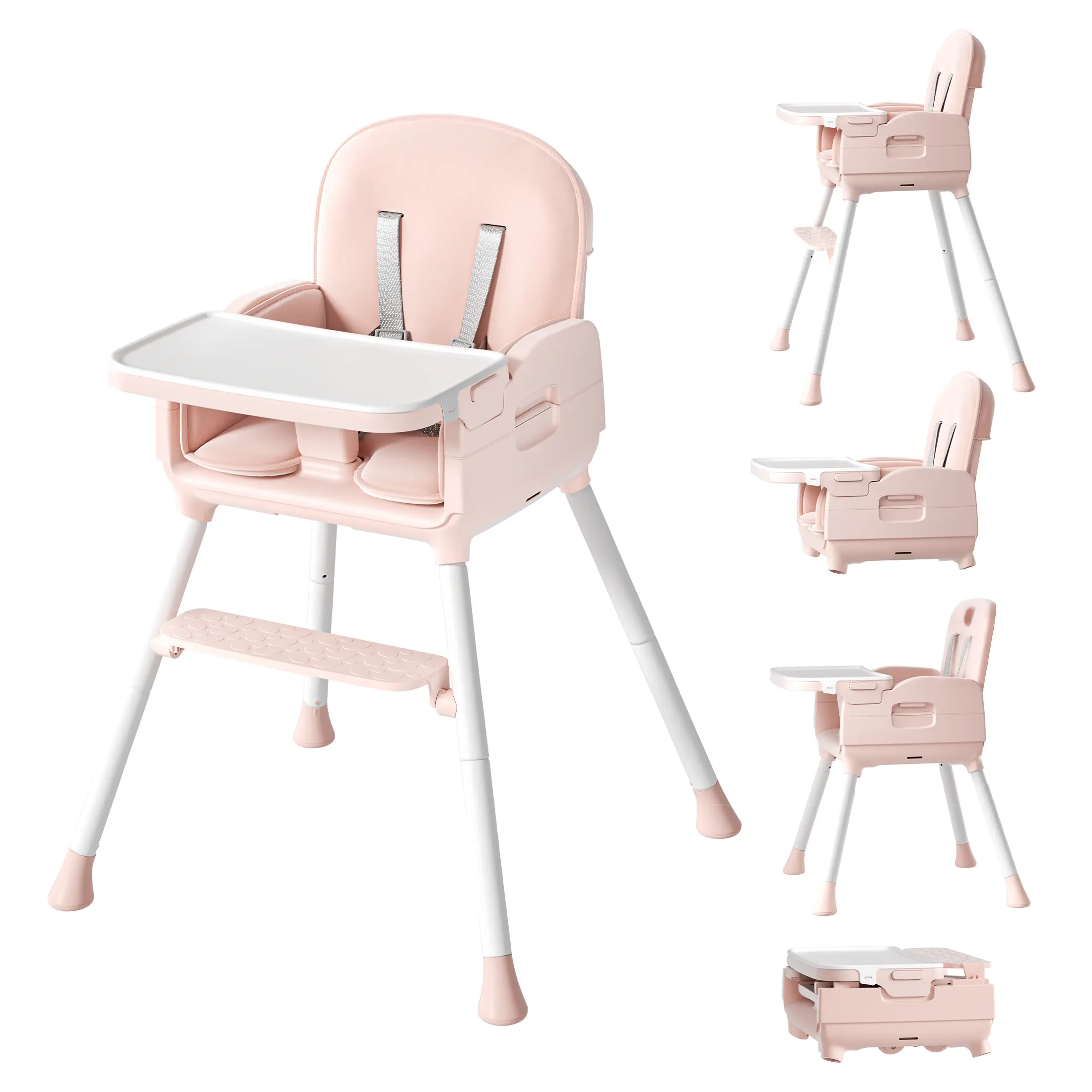 Convertible Baby High Chair for 0-15kg, Baby Furniture with Safety Harness, Removable Tray, Booster Seat, PU & Iron Build, Adjustable Easy-Clean Design, Folds Small to 26in × 23.7in × 34.96in, Saves Space, Portable Highchair,familyfun