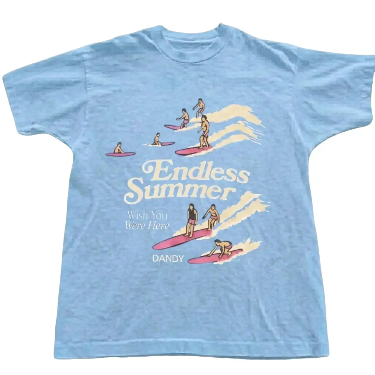 Endless Summer Surfing Shirt, Wish You Were Here Graphic Tee, Retro Pink Surfboard Light Blue Top, Cute Beach Graphic Clothing