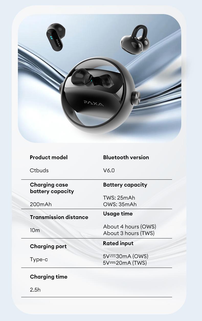 PAXA Ctbuds In-ear & clip-on 2-in-1 wireless Bluetooth Headphones, Bluetooth 6.0 ,Comfortable Wearing & IPX5 Waterproof Sports Earbuds for Work, Fitness ,Two earphones connected at the same time for uninterrupted listening ,Couple earphones