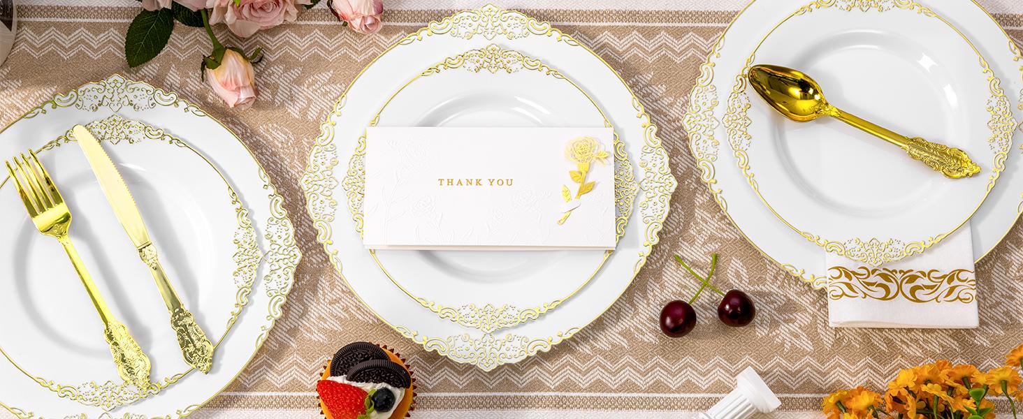 100PCS White and Gold Plastic Plates – 10.25” Heavy Duty Disposable Dinner Plates & Party Plates for Weddings, Parties, Events – Elegant, Sturdy