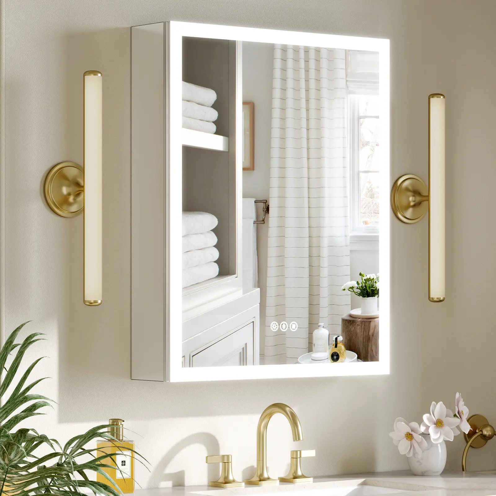 TIFULLHOME Lighted Medicine Cabinet with Mirror, AL Alloy Frame, Plug-in or Hardwired, Recessed or Surface Mount, 3 Lighting Colors/Dimmable/Interior Sensor Light/Defog, 2 Outlets & USBs