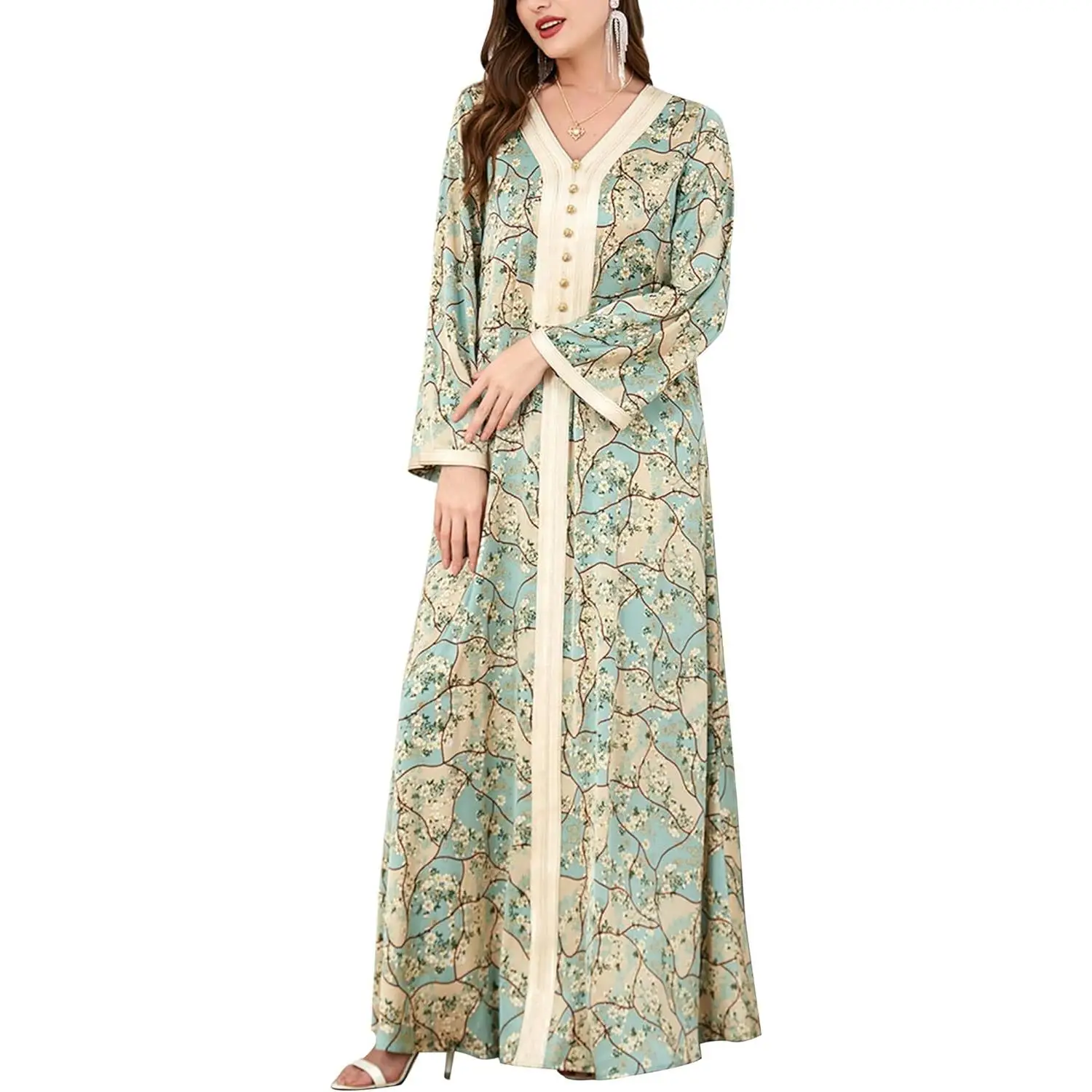 Abaya Dress for Women – Muslim Modest Maxi Robe with Floral V Neck, Eid Prayer Dresses, Dubai Arabian Islamic Kaftan