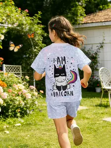 Bat Unicorn Trendy Cool Set Digital Printing Outfit, a sweet and lovely casual clothing, suitable for daily and outdoor sports Fitted T-shirt and shorts set, a perfect gift for girls Everyday