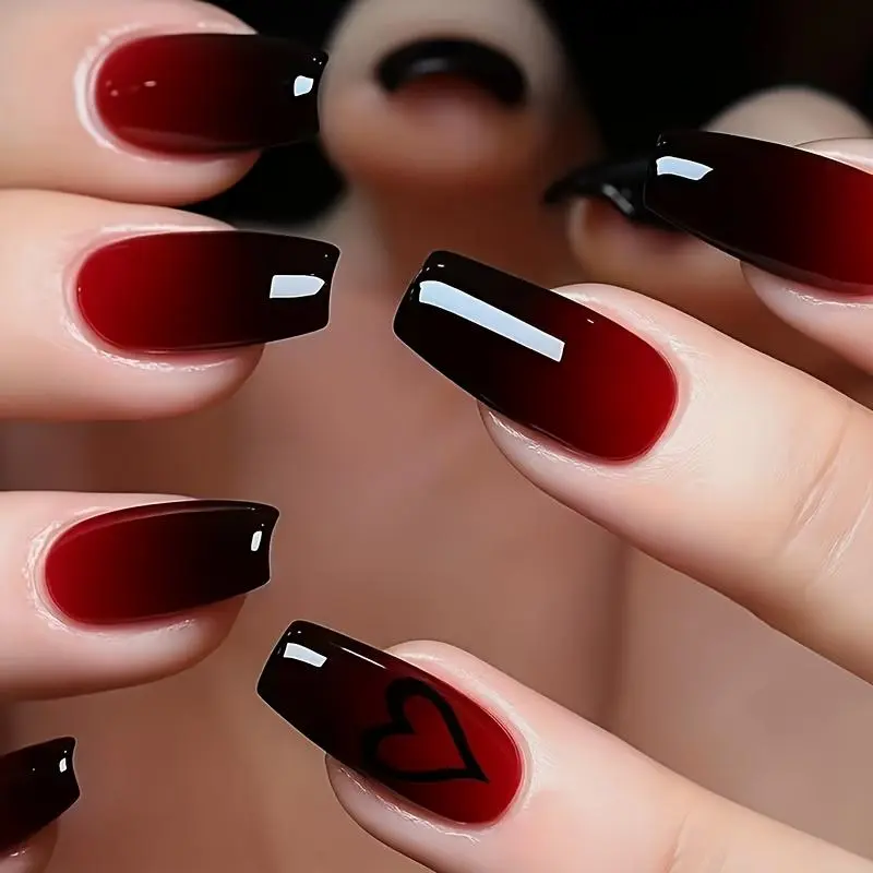 24pcs Red Series Medium Coffin Press-On Nails with Black Ombre and Heart Design, Cute Acrylic Nail Tips Holiday Parties, Women's Daily Nail Art, Long-Lasting's Day Theme, Must-Have Beauty Enthusiasts