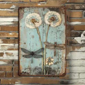 Vintage Wooden Dragonfly and Dandelion Wall Art 8x12 Inches Antique Metal Decorative Sign with Three Dimensional Insects Farmhouse Style for Kitchens and Cafes