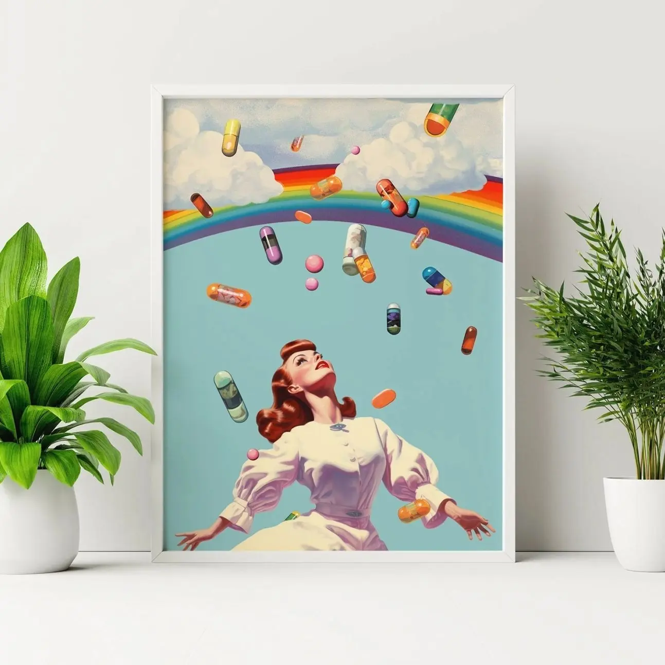 Retro Surreal Wall Art, Vintage Woman Collage Print, Psychedelic Rainbow Poster, Colorful Maximalist Home Decor Q