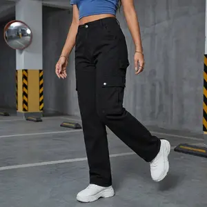 Women's Black Y2K Work Pants - High Waist Wide Leg Cargo Trousers with Multiple Utility Pockets, Heavy-Duty Belt Loops & Zip-Free All-Season, Casual & Professional Pants for, Casual Attire (Machine Washable)