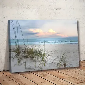 2D print, 1pc wooden frame printed painting of a tranquil beach sunset canvas wall art, seaside scenery print for living room, bedroom, office decoration, ready to hang