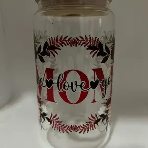 16oz Glass Cup with Mom Decal