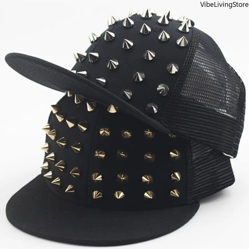 Rivet Studded Fitted Baseball Cap - Unisex Flat Brim Punk Rock Casual Hat, Hip Hop Streetwear Men's Accessories & Accessories for Women, Teen Gift (Black)