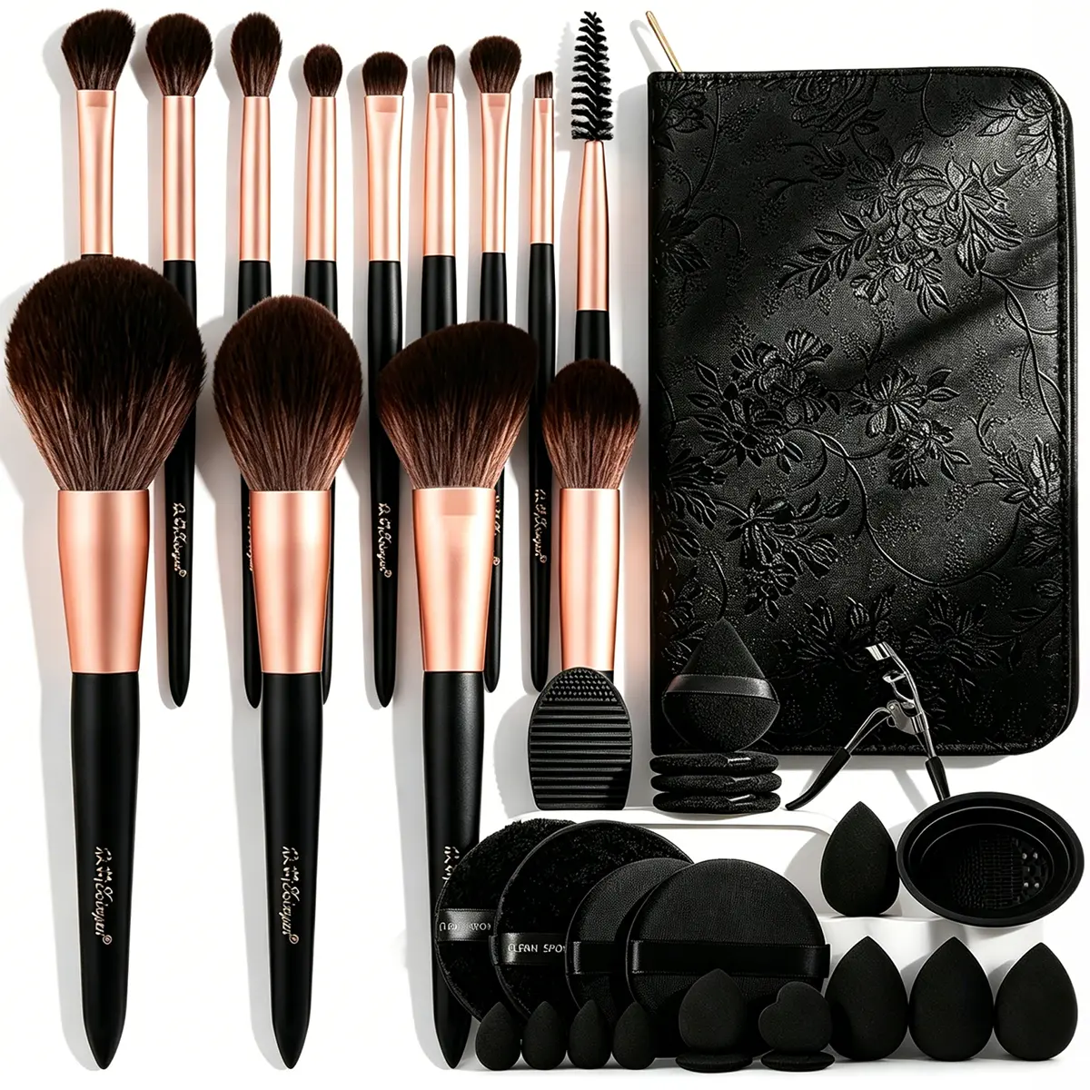 36Pcs Complete Makeup Brush & Beauty Tool Kit - 13Pcs Brushes, Storage Bag, Hairband, Eyelash Curler, Cleaning Tools, Sponges, Mini Air Cushion Puffs, Round Powder Puffs - Portable Multi-Functional Cosmetic Accessories for Daily & Travel Use