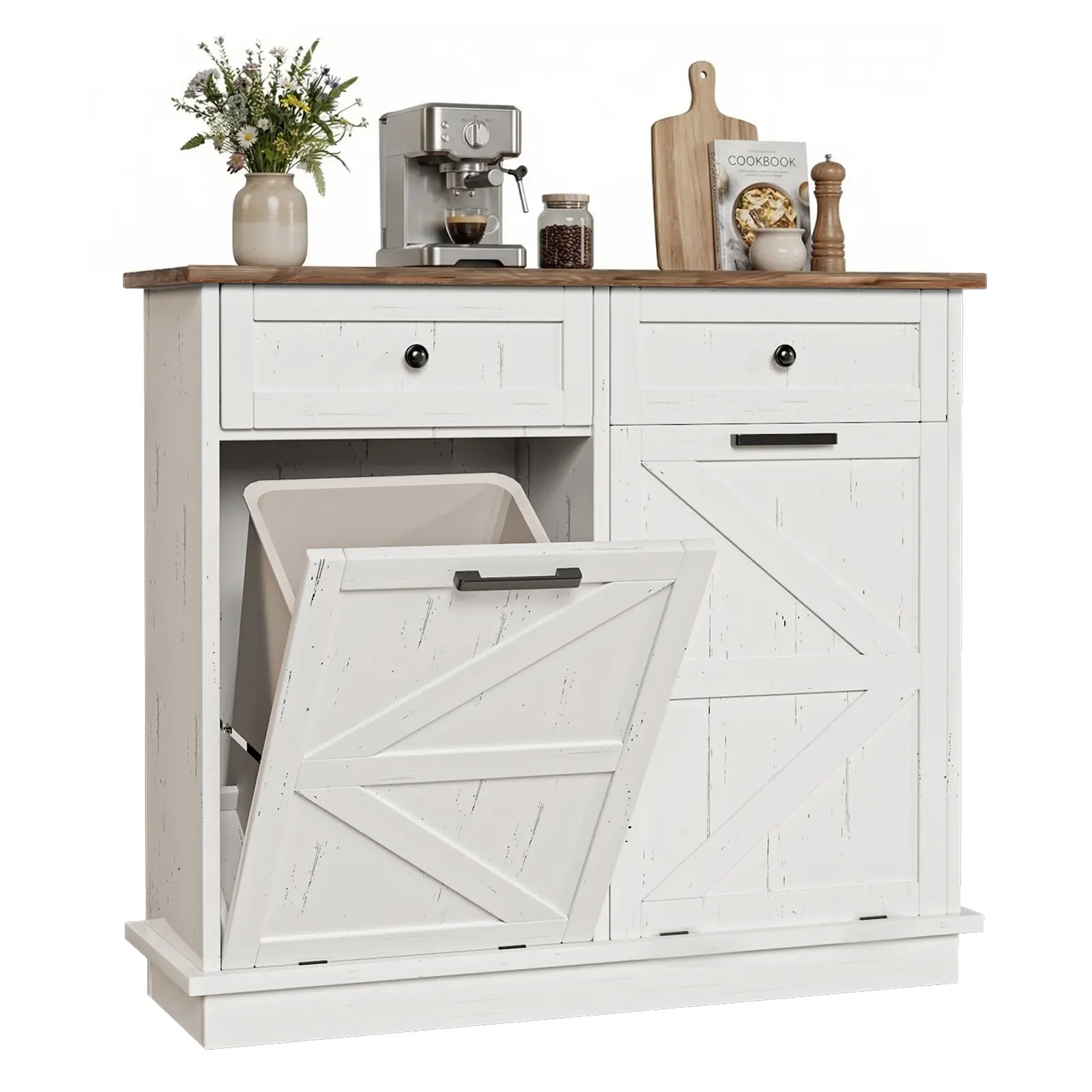 Double Tilt Out Trash Can Cabinet, Garbage Can Cabinet for Kitchen with 2 Storage Drawer, Free Standing Recycling Cabinet, Odor Proof Dog Proof Trash Bin Cabinet for Laundry, Balcony, Living Room