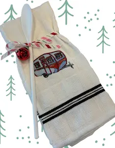 Vintage Christmas Camper Custom Embroidered Kitchen Towel and Spoon Set, Teacher Gift, House Warming, Hostess, Stocking Stuffer, Embroidered Hand Made Gift