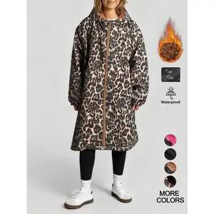 Women's Long Leopard Print Colorblock Windbreaker Jacket, Loose-Fit Casual Style, Fall & Winter Waterproof Warm Coat