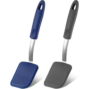 Silicone Cookie Spatula Turner 2 Pack Mini Brownie Spatula Flexible Kitchen Small Silicone Turner For Nonstick Cookware, Egg, Pancake Heat Resistant No Scratch Flipper (Gray, Blue)