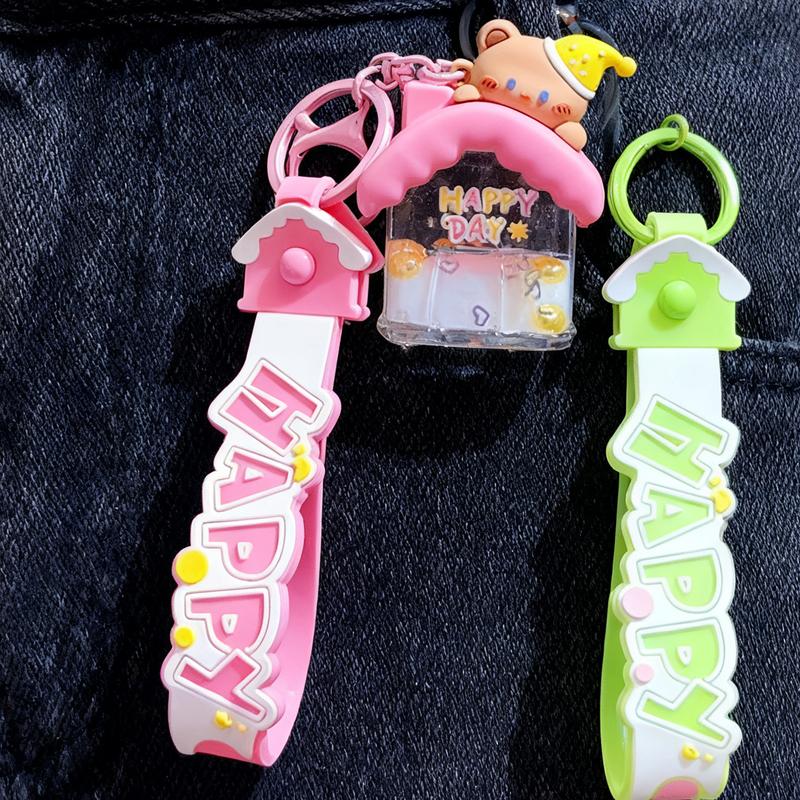 Pink "Happy Day" Bear House Liquid Keychain Cute Cartoon Bear Pendant Glitter Floating House Keychain Trendy HAPPY Strap Bag/Key Fashion Accessory