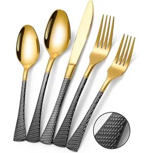 Hammered Black Gold Silverware Set,20 Piece Modern Flatware Set Service for 4,Mirror Polished Stainless Steel Cutlery Set Utensil Set Tableware Set,Kitchen Knives Fork Spoon Set,Dishwasher Safe