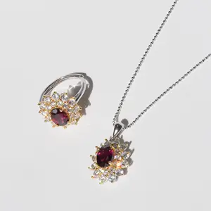 Garnet Jewelry Set for Women，Garnet Pear cut Gemstone Birthstone, Necklace Adjustable Ring Set Birthday Anniversary Mother’s Day Christmas Day Fashion Formal Jewelry Gift
