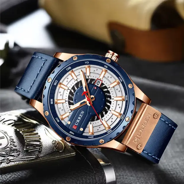 Curren 8374 Men's Business Quartz Watch - 48mm Alloy Metal Case, 24cm Blue Leather Strap, Water-Resistant 3ATM, Japanese Quartz Movement, Elegant & Stylish for Formal Events