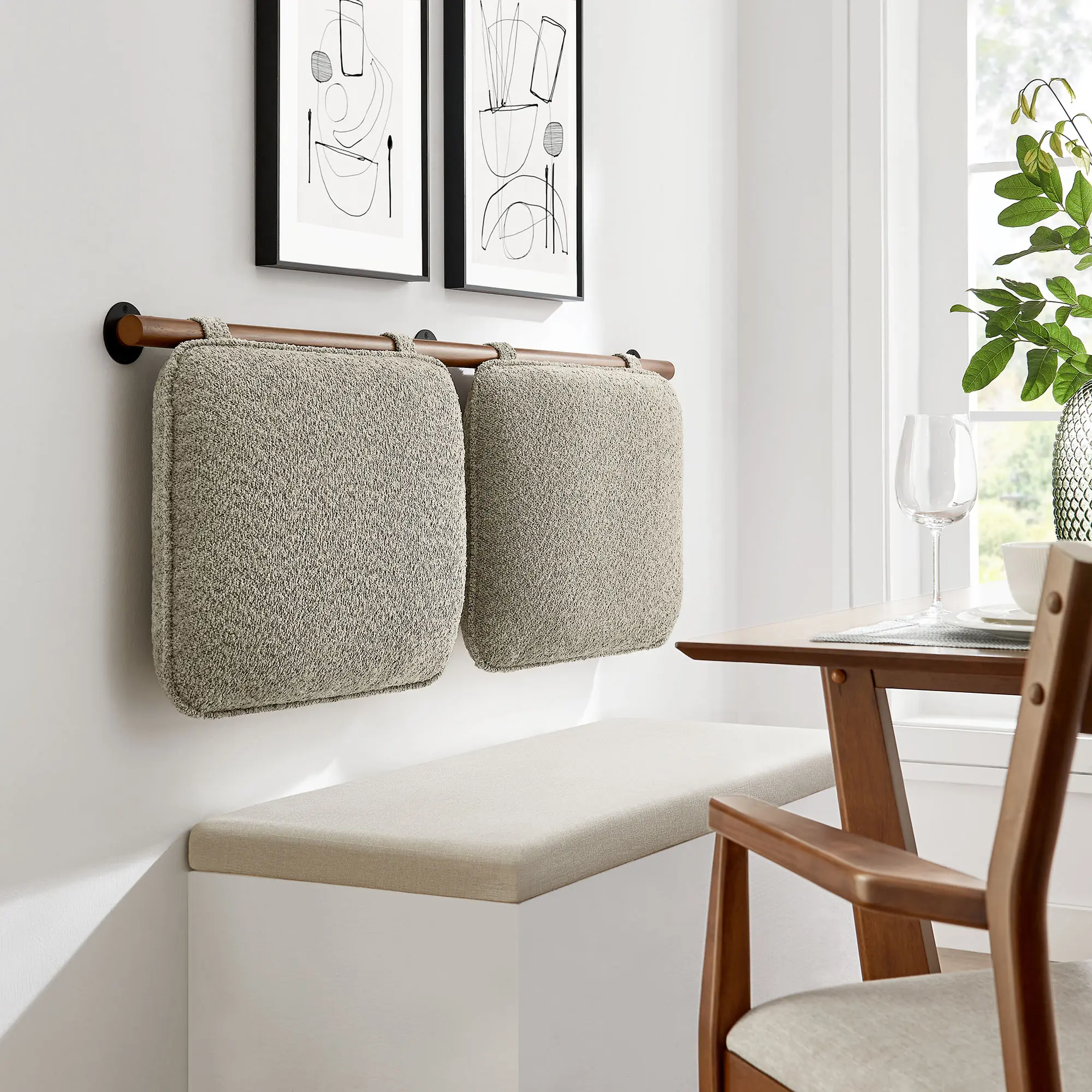 Anela Wall-Mounted Chenille Upholstered Queen Headboard in Oatmeal Walnut