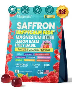 Megneta Kids Calm & Focus Gummies with Saffron – 3 in 1 Magnesium Blend + Lemon Balm | Support Mood & Relaxation | Sugar Free | 60 Gummies | Made in USA