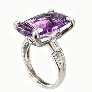 20.7×11mm Millennium Cut Amethyst Statement Ring 925 Sterling Silver Adjustable | Natural Amethyst CZ Cocktail Ring