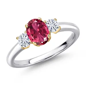 Gem Stone King 10K Two Tone Gold Pink Tourmaline and White Moissanite Engagement Ring For Women | 1.17 Cttw | Oval 7X5MM | Gemstone October Birthstone