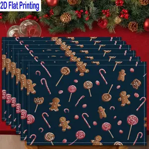 1PC/4Pcs/6Pcs 2D Flat Printed Gingerbread Man Candy Christmas Holiday Table Mats, Placemats, Kitchen Decorative Placemat, Household Placemat, Heat-resistant Kitchen Table Mats, Home Restaurant Table Mats, Outdoor Picnic Table Cloth Mats, Etc