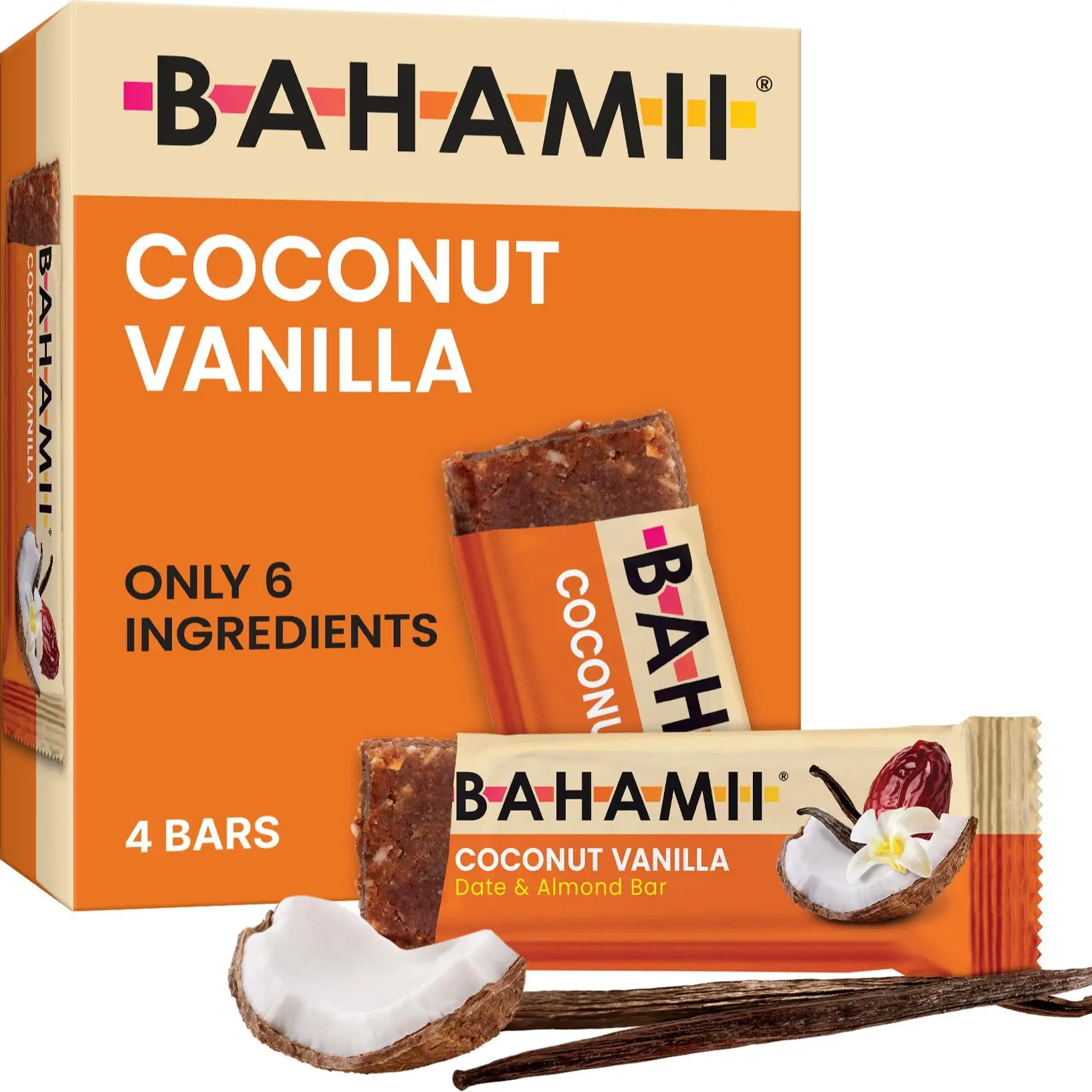 BAHAMII Coconut Vanilla Date Bars: Vegan, Gluten-Free, No Added Sugar, Good Source of Fiber Energy Snack (4-Bars)