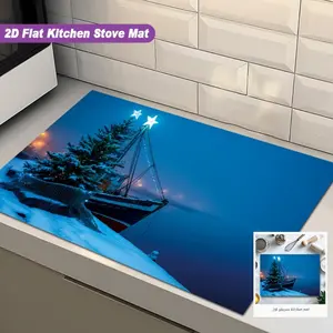 1 holiday Christmas tree and foggy night view 2D flat kitchen stove mat - made of heat-resistant and durable diatomaceous earth material, protecting the countertop, perfect for stoves, washing machines, dryers, and ovens