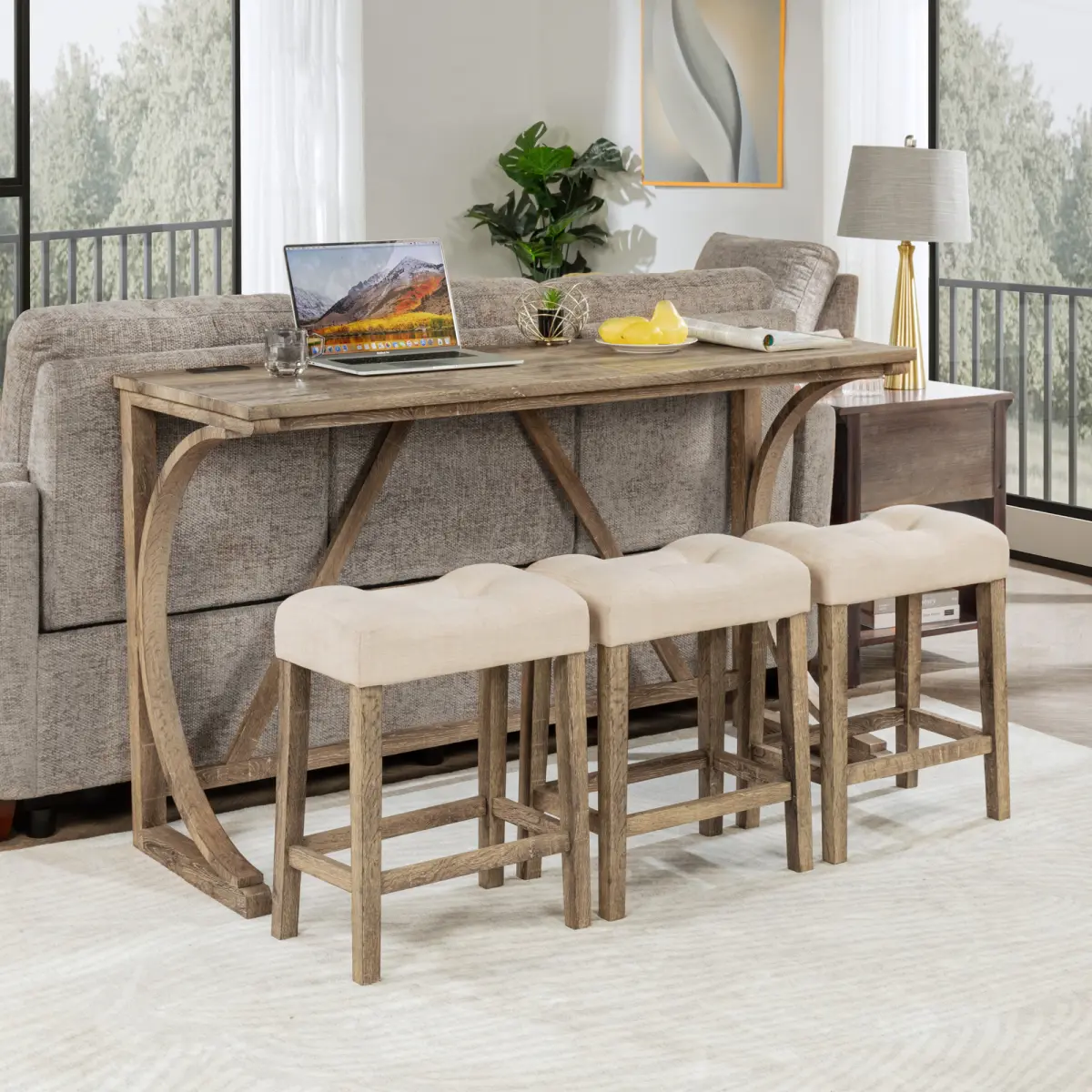 3-Person Counter Height Bar Table Set with Power Outlet, 4-Piece Dining Bar Table and Chairs Set with 3 Padded Stools for Living Room, Dining Room, Game Room