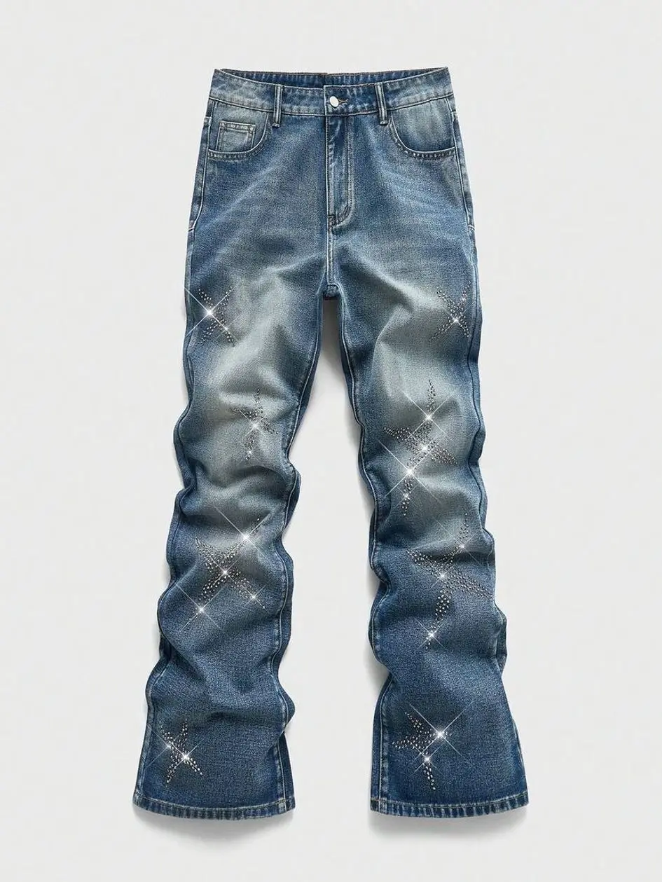 Jeans pants for men - Men's Rhinestone Flared Jeans, Sparkly Distressed Denim Pants, Party Streetwear summer clothing trending clothing trending clothes men's pants pants for men vacation outfits summer outfits jeans for men going out outfit streetwear