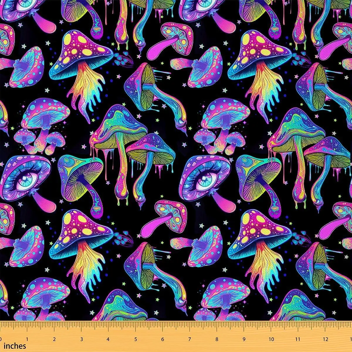 Mushroom Upholstery Fabric,Kawaii Trippy Botanical Fabric Psychedelic Plant Indoor Outdoor Fabric Women Cartoon Cute Mushroom Fabric,DIY,Black