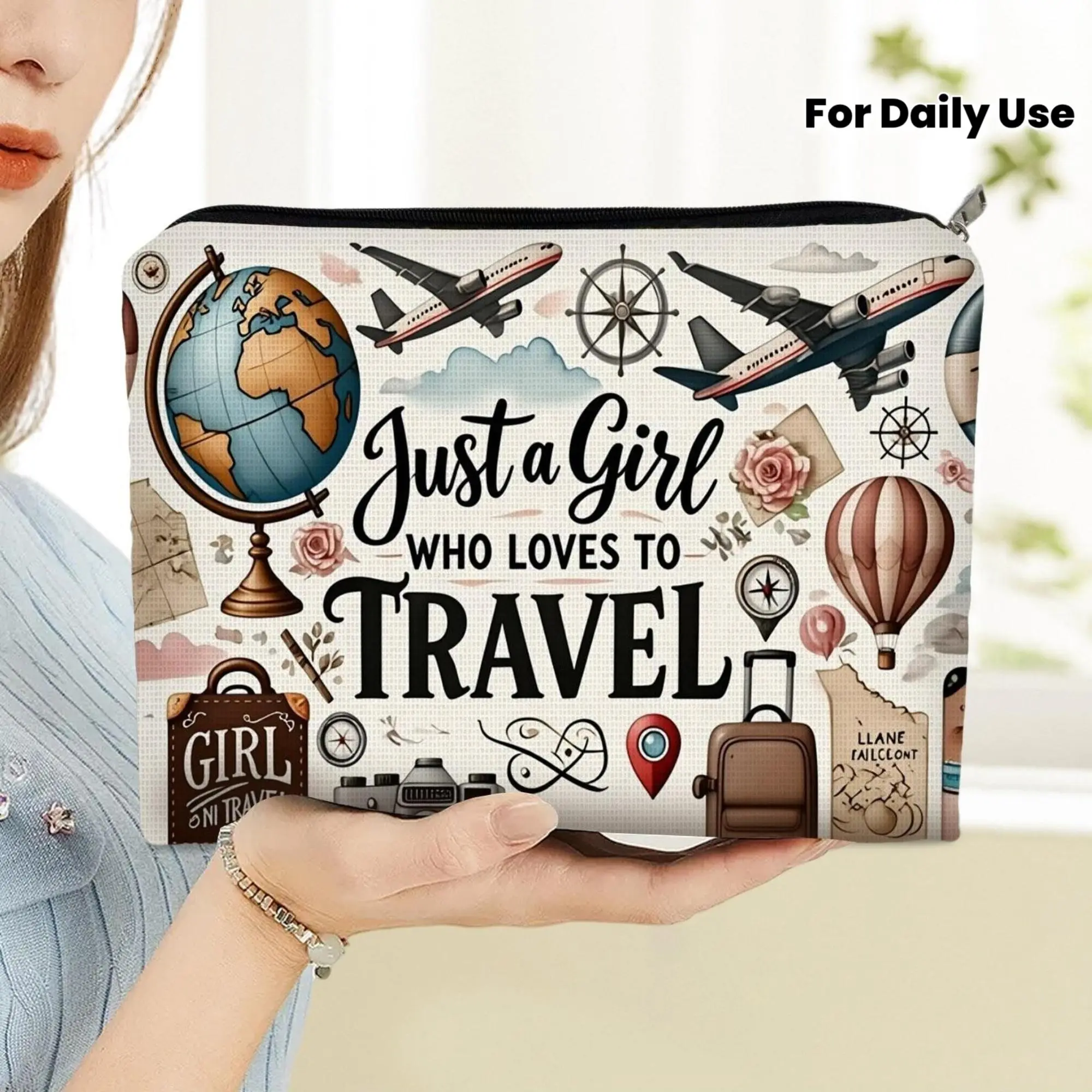 1pc Travel-Themed Double-Sided Cosmetic Bag, 5.9In * 8.66In, Polyester Material, Features Globe, Airplanes, Compass & More, Ideal for Travel, Daily Use, Stylish And Practical Makeup Organizer for Adventure-Loving Women