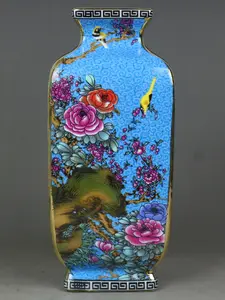 Qianlong Enamel Four-Sided Ceramic Vase - Qing Dynasty Replica, Light Blue, Jingdezhen Copy, Antique Porcelain Collectible and Home Decor Display Piece
