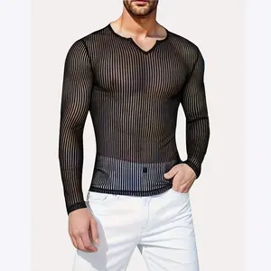 Men's Mesh Long Sleeve Drop Shoulder See-through T-shirt Sexy Nightclub Wear Fitness Breathable Mesh Hollow Out Base Shirt