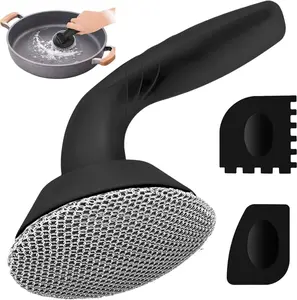 Savvi Home's Cast Iron Scrubber with Pan Scraper, 316L Chainmail Scrubber, Long Handle Cast Iron Cleaner for Dishes, Pans, Grills, Upgraded Chain Mail Scrubber for Grill Pan Skillet Wok Carbon Steel