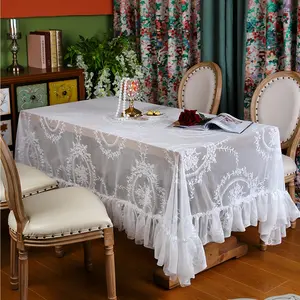 Rustic Lace Embroidered Tablecloth, Vintage American Style Pleated Square Tablecloth, Round Table Cover, Wedding Party Decor, Picnic Table Cover