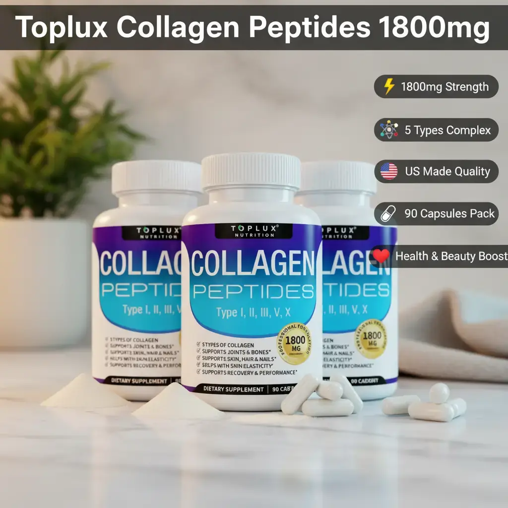3x Toplux Nutrition Collagen Peptides 5 Types Complex 1800mg US Made Dietary Supplement for Health Beauty Fitness 90 Capsules