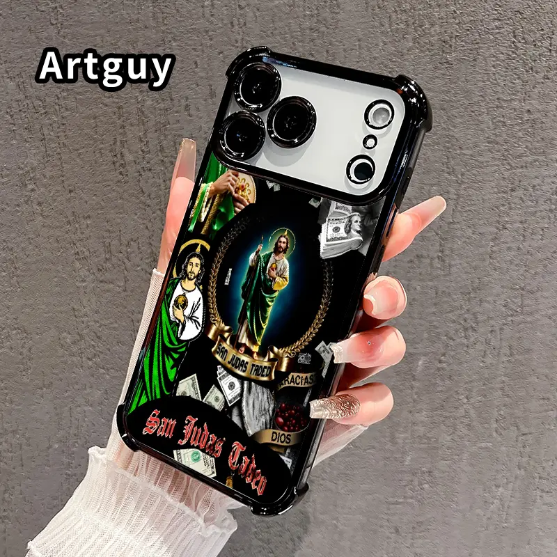 Phone Case for iPhone 18 Pro Max  17 16 15 Plus Air 14 13 12 11 E Saint Judas Wealth Pattern Four Corners Reinforced Shockproof Transparent Soft Silicone Cover