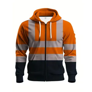 Men's Zip-Up Hoodie - Full-Zip Closure Hooded Jacket, Orange & Gray Color Block Design, Machine Washable Outerwear for Gym, Hiking, Urban Streetwear - Spring/Fall Casual Coat, Spring Fall Apparel, Relaxed Fit Jacket, Comfortable Casualwear